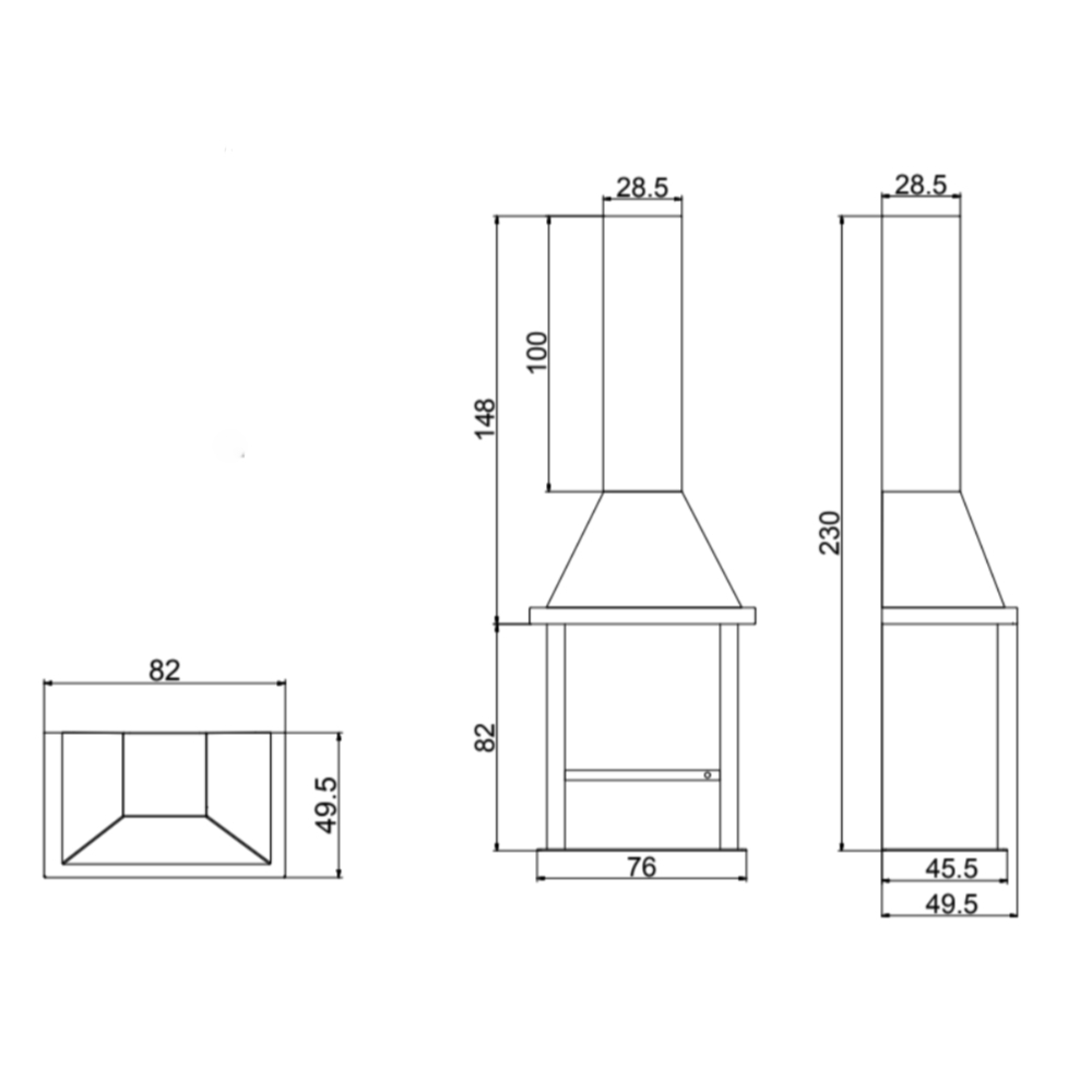 Dimensiones de la chimenea de leña Taga Dimensiones de la chimenea de leña Taga