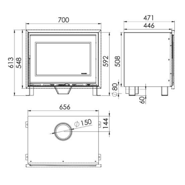 Dimensiones de la estufa de leña Hogar F 720 S Dimensões da salamandra a lenha Hogar F 720 S