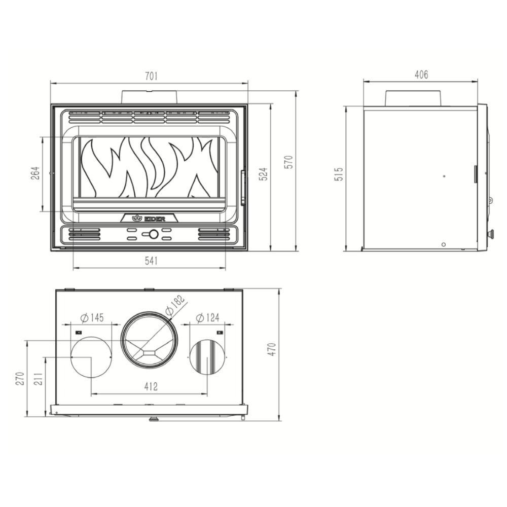 Estufa de leña Insert Tracia Iron 70 ventilada dimensiones