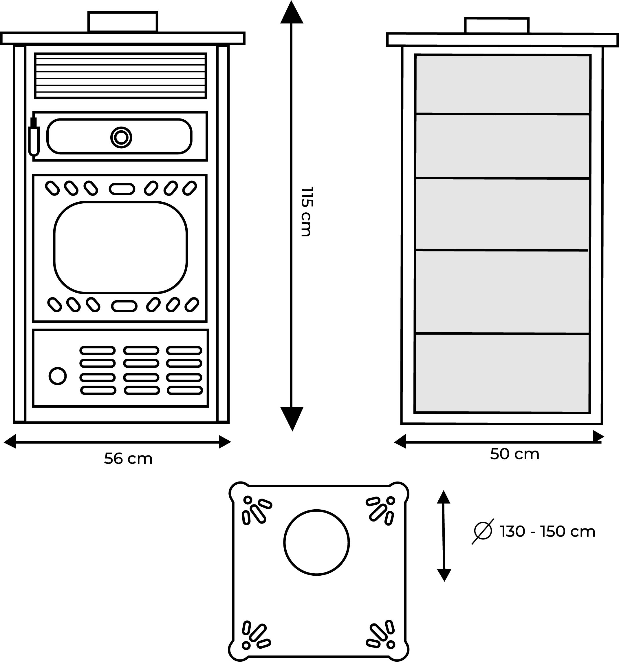 Plano dimensiones estufa de leña Dalia Iron con horno