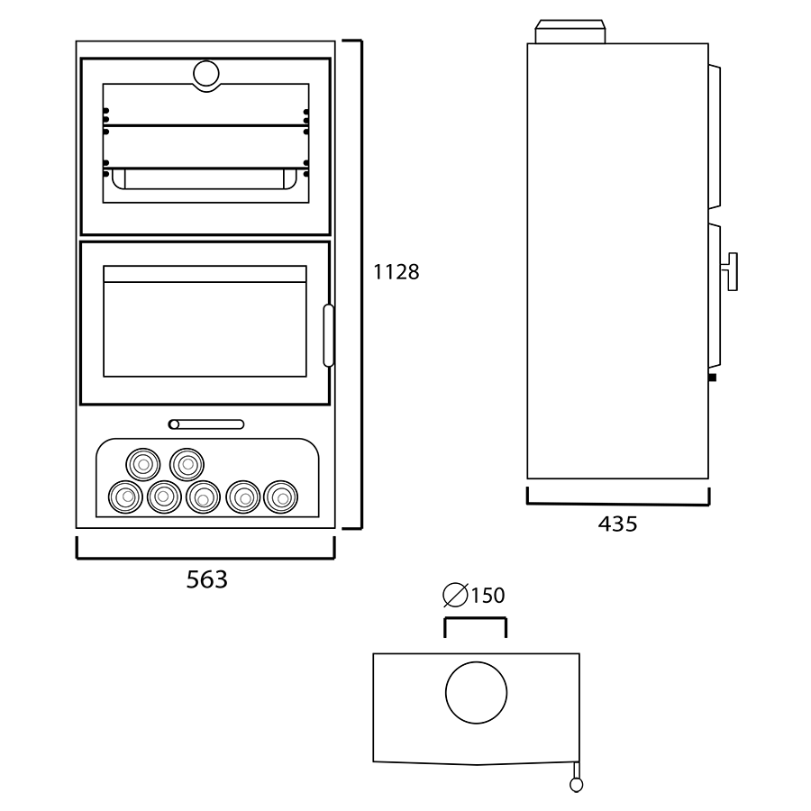 Plano dimensiones estufa de leña Gourmet
