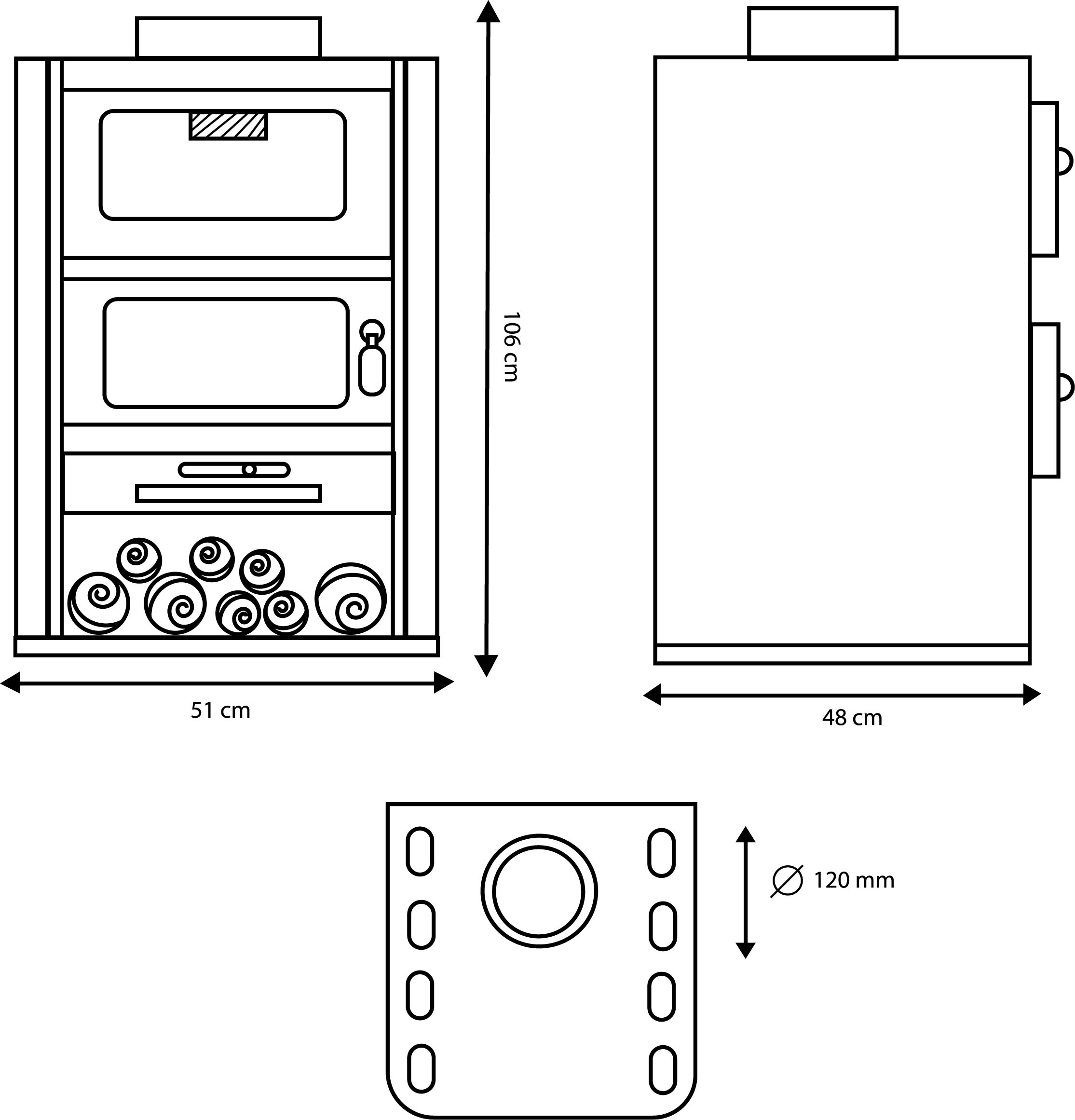 Plano medidas estufa de leña Bigfire