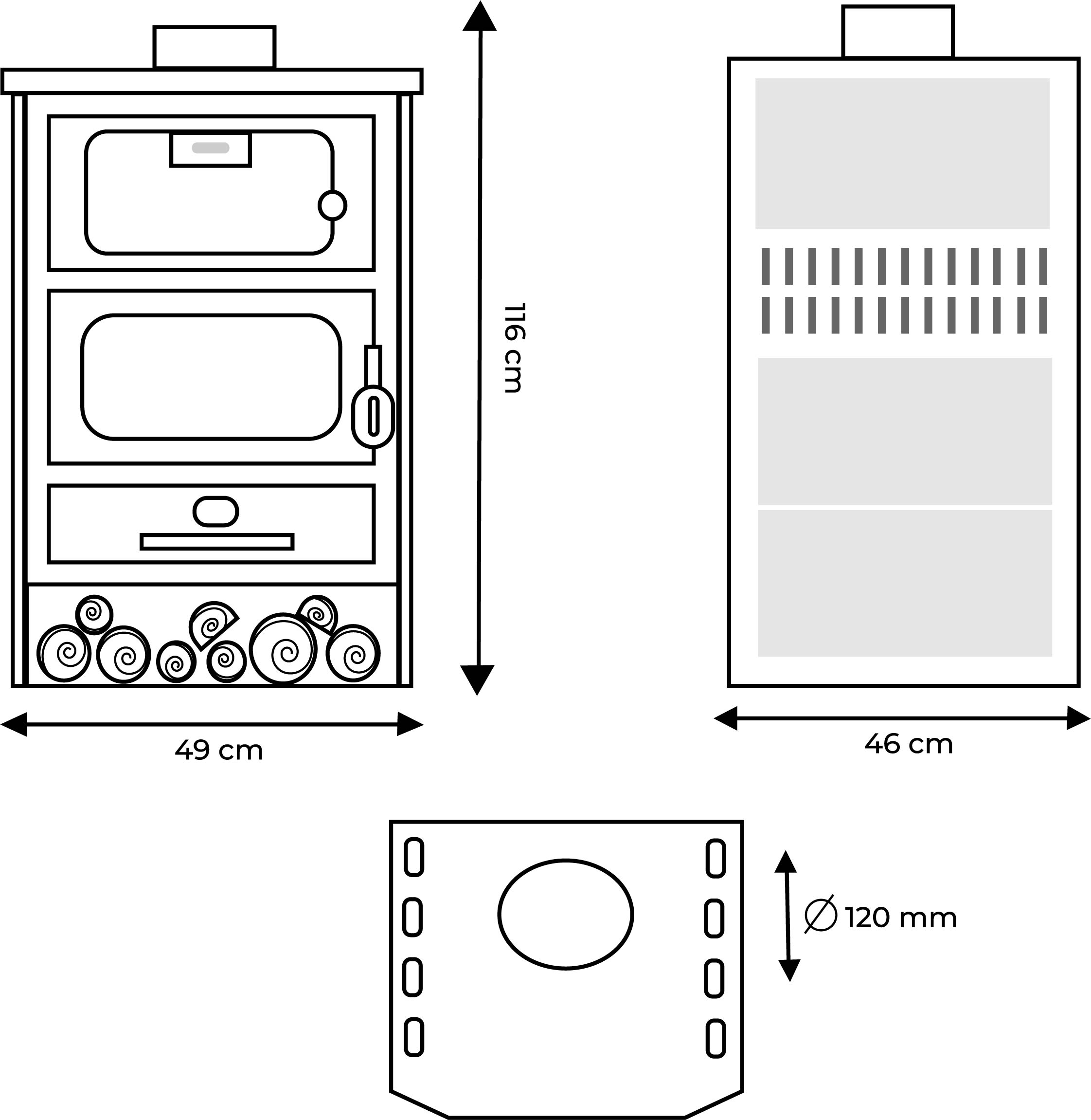 Plano medidas estufa de leña Hevia Ceramic Horno Eider Biomasa