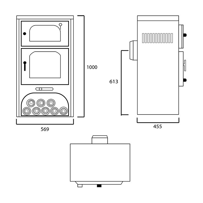 Plano medidas estufa de leña Milano Plus Ecodesign de Panadero