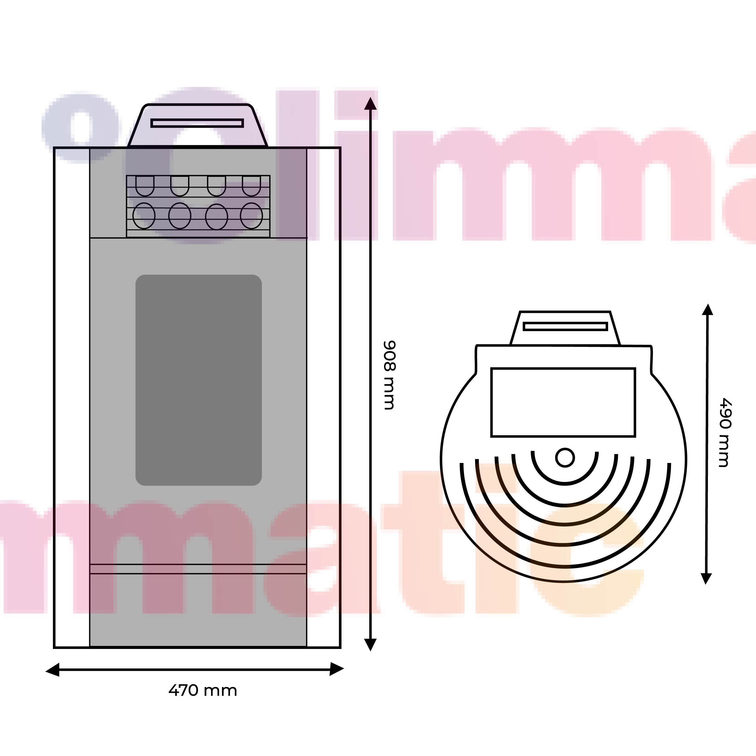 Plano dimensiones estufa pellets Esfera