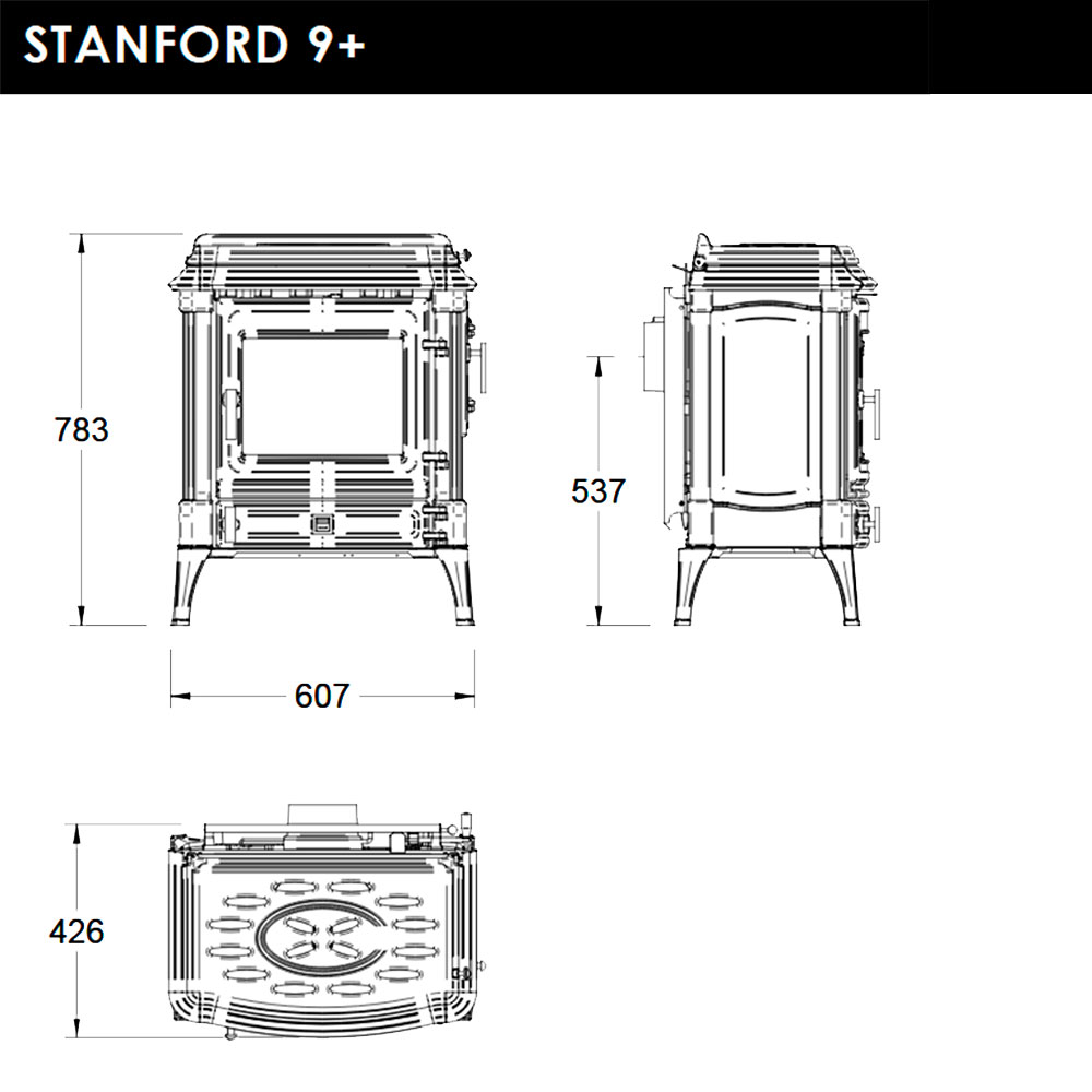 medidas estufa leña stanford 9+